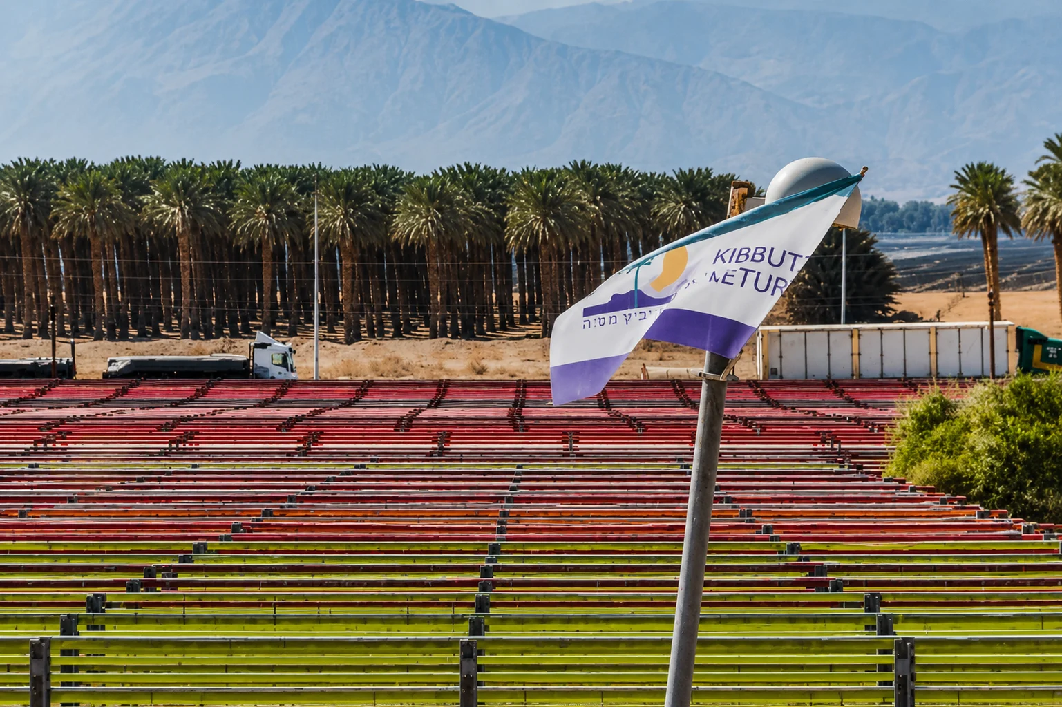 kibbutz metur flag red green crop rows.