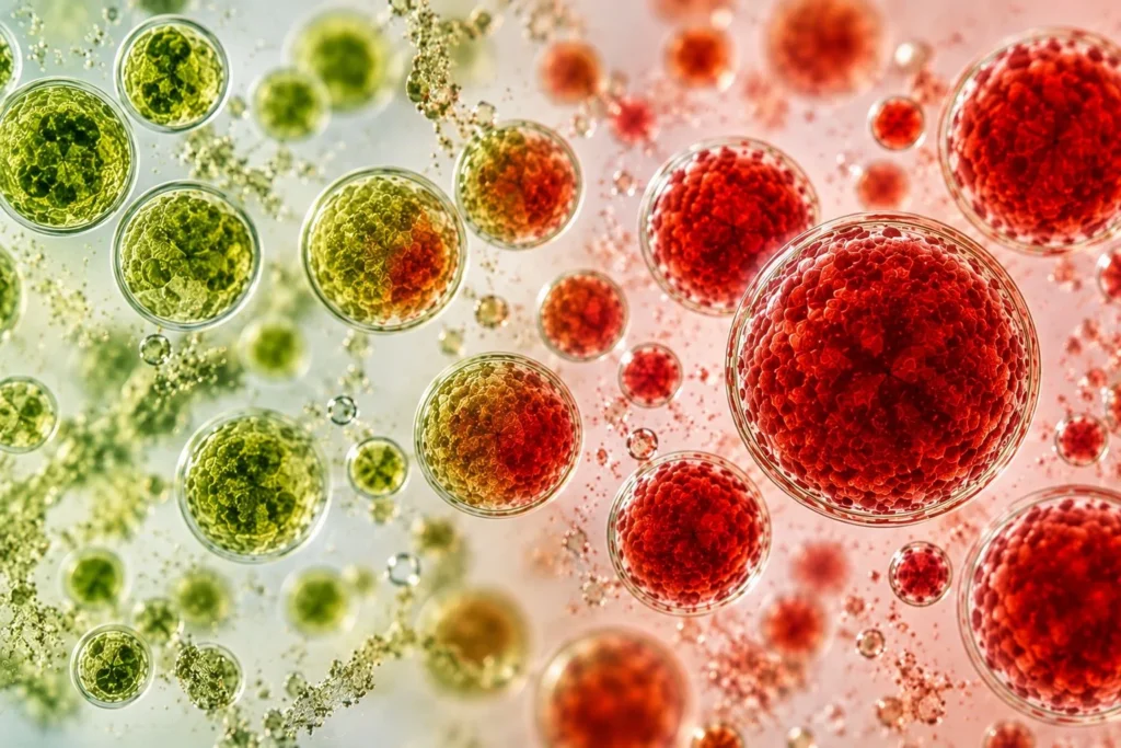 microscopic green red biological cells