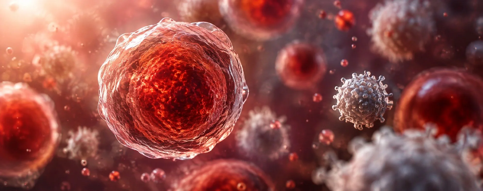 red cancer cells spiky viruses microscopic