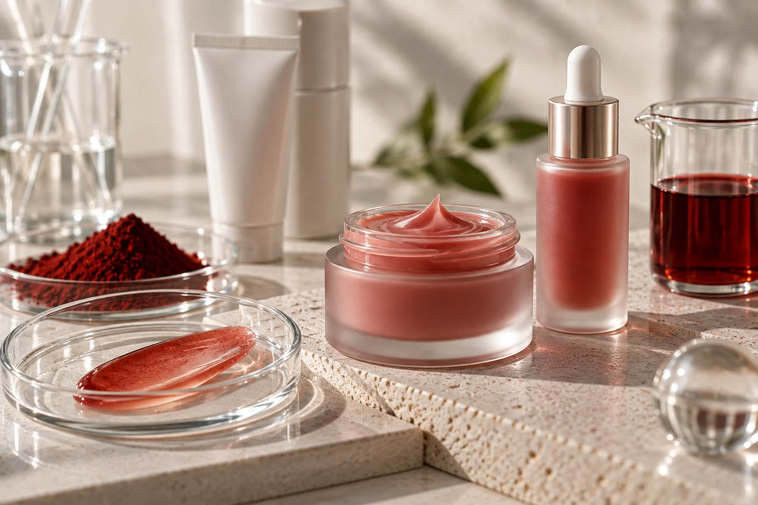 red cosmetic cream serum lab ingredients