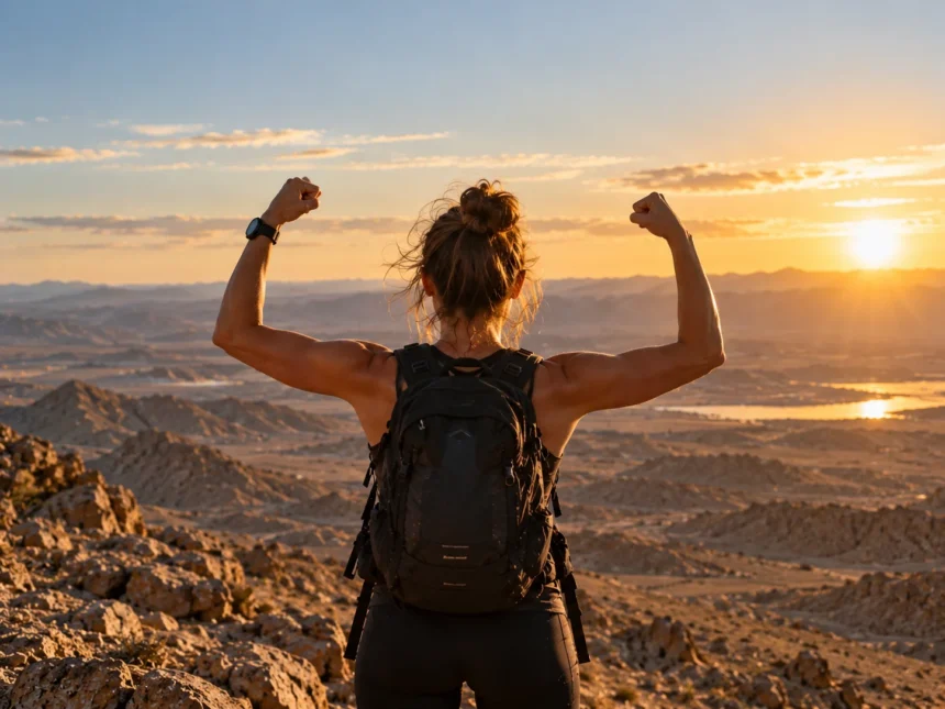 strong woman hiker flexing sunset