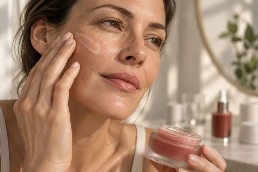 woman applying rosy facial balm