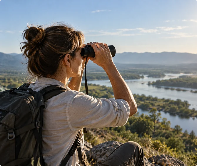 woman backpack binoculars mountain